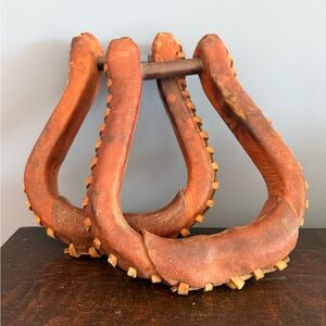 Vintage Leather Covered Bell Western Saddle Stirrups Cowboy Gear Horse Tack